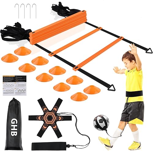 GHB Pro Agility Ladder Soccer Kick Trainer Set 20ft 12 Rung 10 Cones and 4 Stakes Speed Agility Football Training Equipment with Carrying Bag