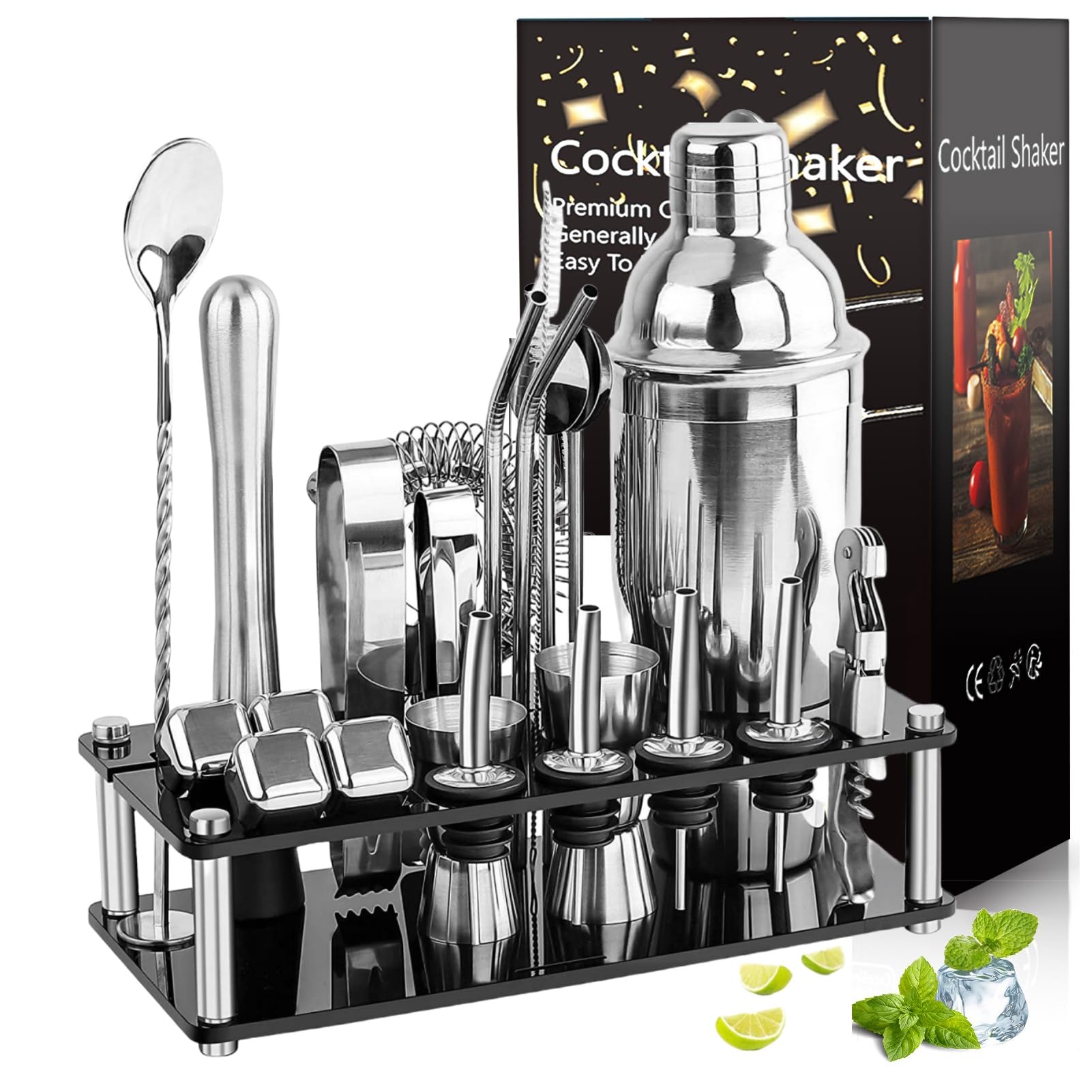 DAYONG Cocktail Shaker Set, 23pcs Stainless Steel Bartender Tool, 750ml Complete Cocktail Bar Kit with Stand, Professional Bartenders Kit for Bar Home Drink Mixer. (Primary colour-23PCS)