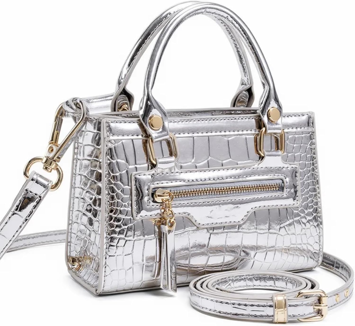 Small Metallic Crossbody Purse Bag for Women, Y2K Crocodile Mini Handbag with Sturdy Strap for Concert Evening Party