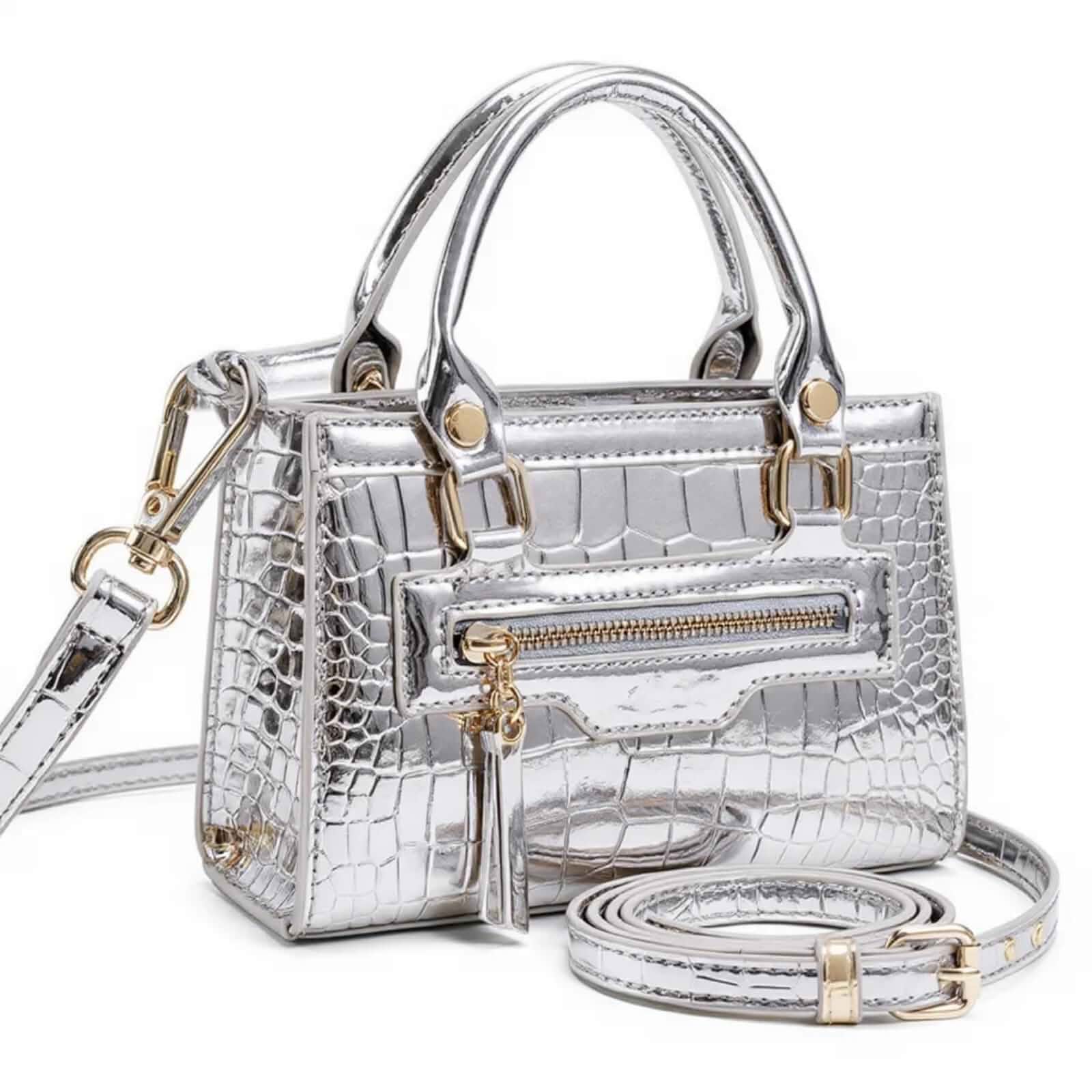FQELJ Small Metallic Crossbody Purse Bag for Women, Y2K Crocodile Mini Handbag with Sturdy Strap for Concert Evening Party