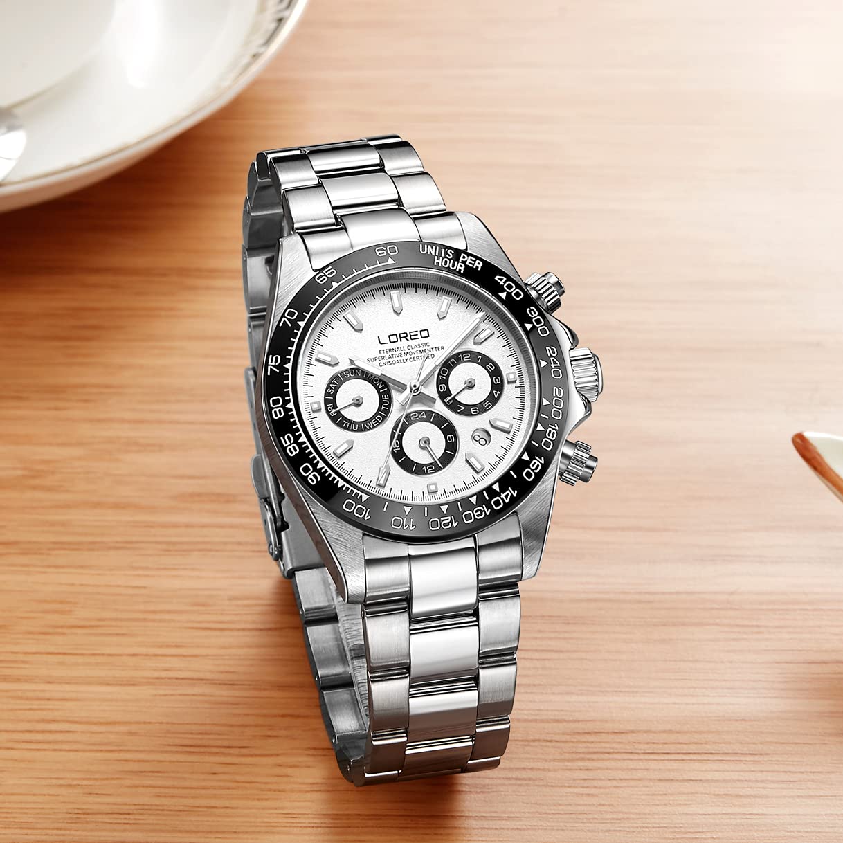 LOREO Mens Automatic Watch Silver Stainless Steel Sapphire Glass Ceramic Bezel Date Military Diving Waterproof Watch (White 9216)