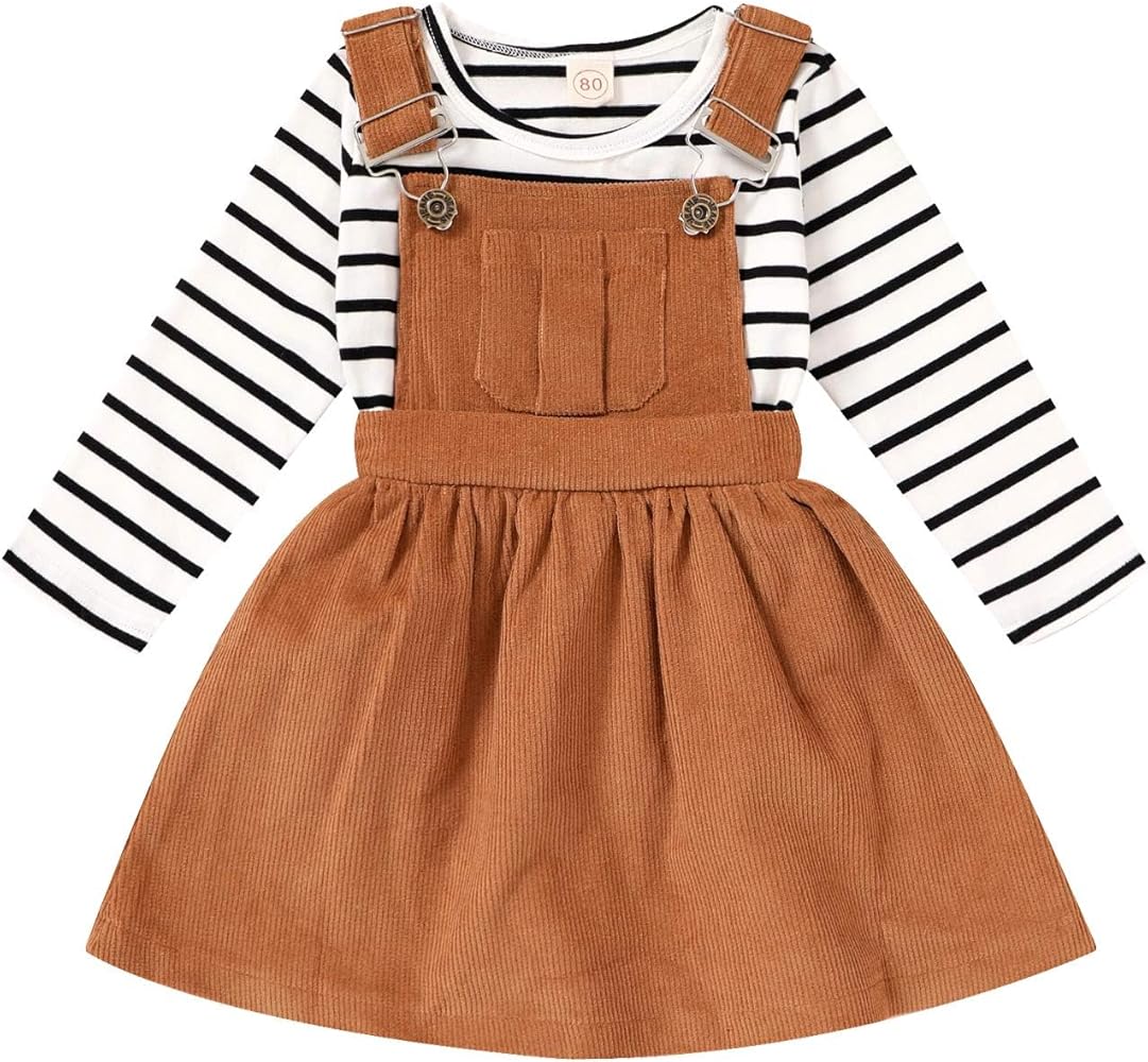 Amazon.com: Toddler Baby Girl Fall Outfit Long Sleeve Stripe T-Shirt and  Strap Dress Overall with One Pocket Clothes Sets (Brown, 6-12 Months):  Clothing, Shoes & Jewelry