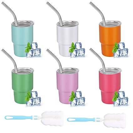 Aokdlia 3oz Mini Tumbler Shot Glass with Straw - Set of 6 Colors, Includes 2 Cleaning Brushes Mini Tumbler Shot Glass for Party, Travel, Camping
