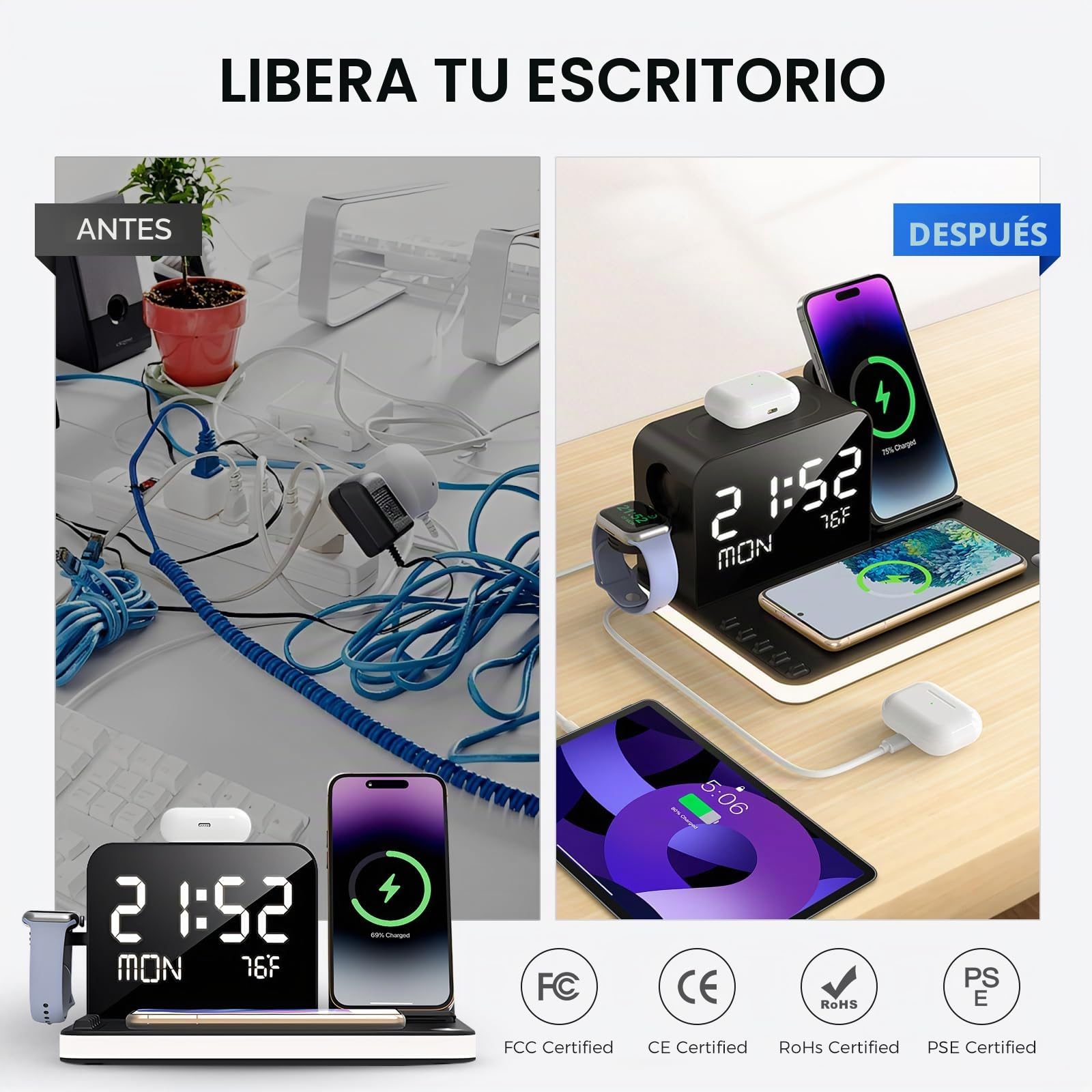 Estación Cargador Inalámbrica 7 en 1,con 4 Soportes de Carga Wireless y 2 Puertos de Carga, Base de Carga Rápida de 30W Compatible con iPhone 17-12,Apple Watch,AirPods(Negro)