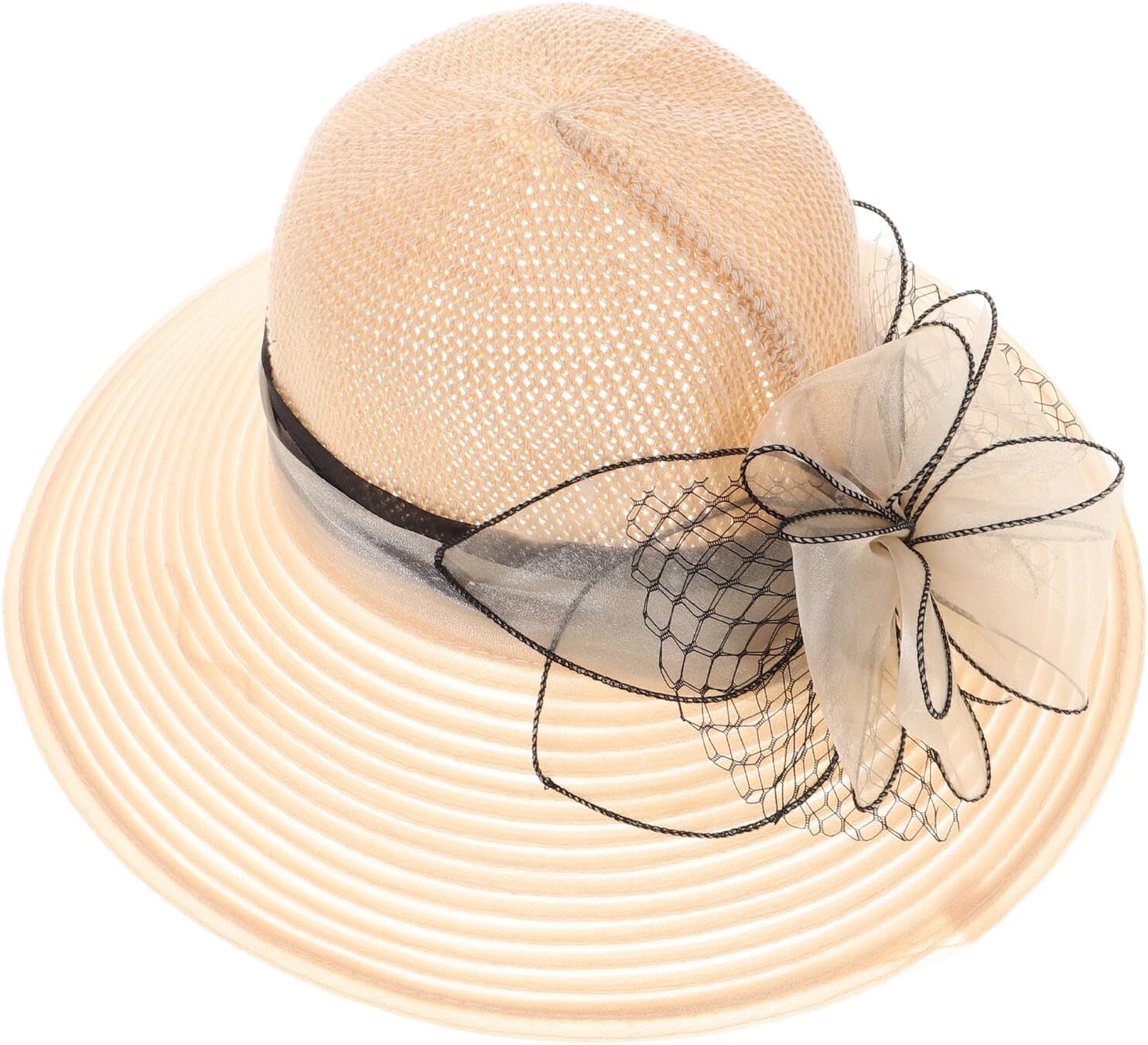 Women Organza Wide Brim Sun Hat Large Brim Beige Summer Beach Hat for Women Tea Party M (56-58cm)