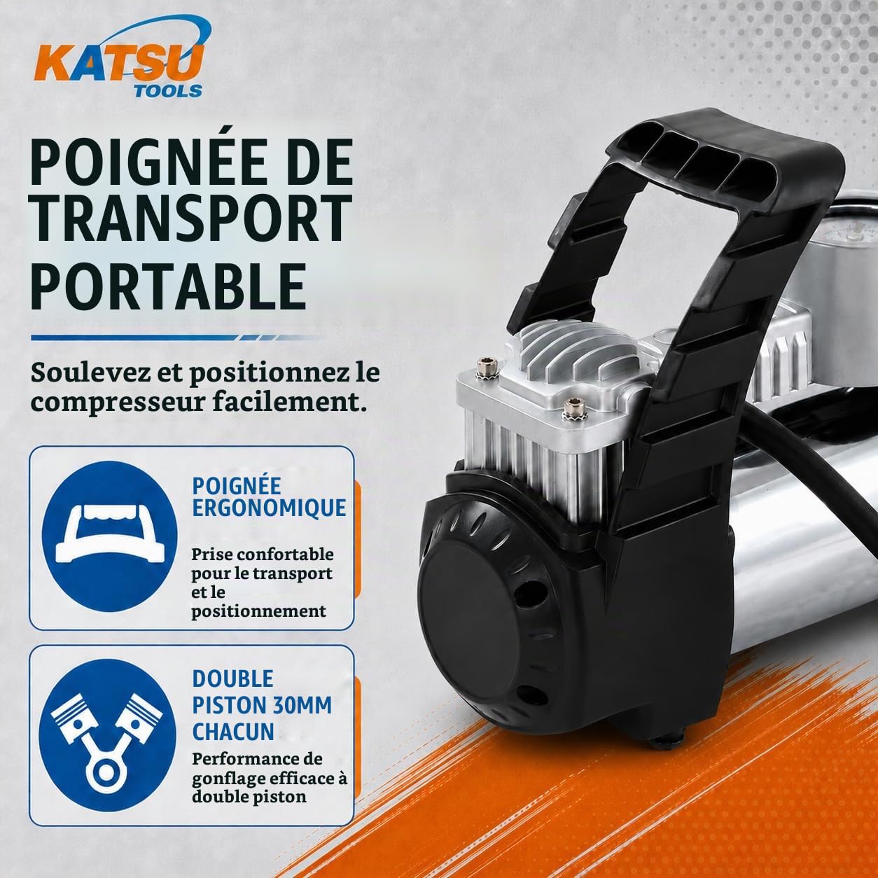 KATSU Gonfleur de Pneu de Voiture, 12V 30Amp Pompe à Pneu de Compresseur d'Air Portable Professionnel à Grand Volume 150PSI avec Double Cylindre pour Autocar Van Trucks Gonflables 451717