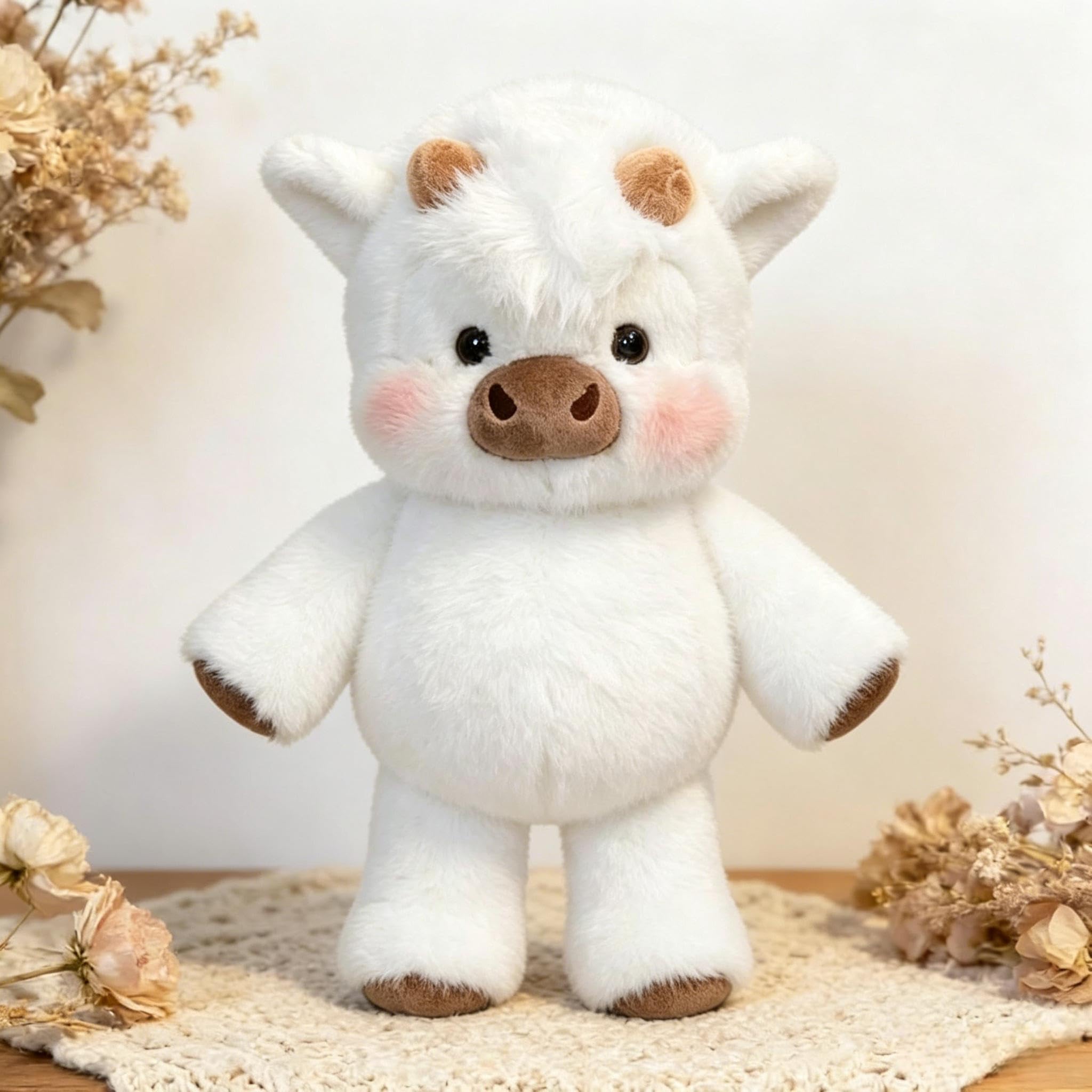 Running Cow Plush, 17.7inch Cute Running Highland Cow Plush, Stress Relief Interactive Moving Legs Cuddly Farm Animal Doll Emotional Support for Creative Birthday Gifts (White)