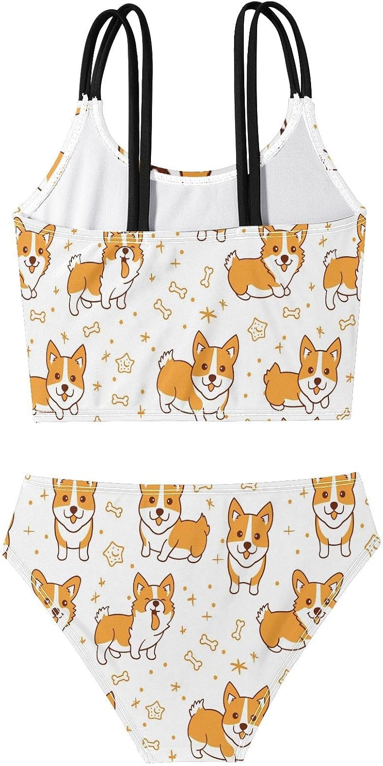 visesunny Girls Two Piece Swimsuits Vector Art Cute Corgi Girl's Bikini Sets Bathing Suits for Girls Size 5-12Y