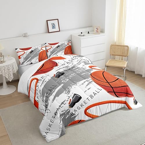 Miniatura 6 de Juego de edredón de baloncesto, tamaño matrimonial, juego de ropa de cama con estampado de baloncesto naranja, 3 piezas para niños, adolescentes,
