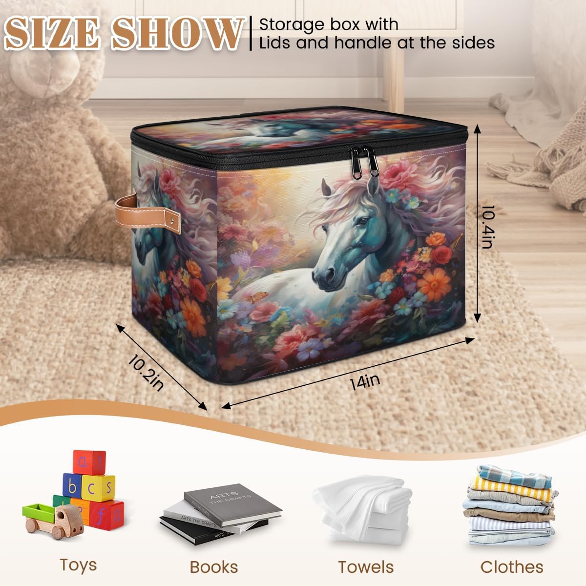 Storage Bin Set of 2 Animal Horse Floral Storage Basket with Zipper Lid & Handle Foldable Closet Shelf 2 Pack Cloth Organizer Basket Cube Bins Clothes Organizer for Bedroom, Nursery