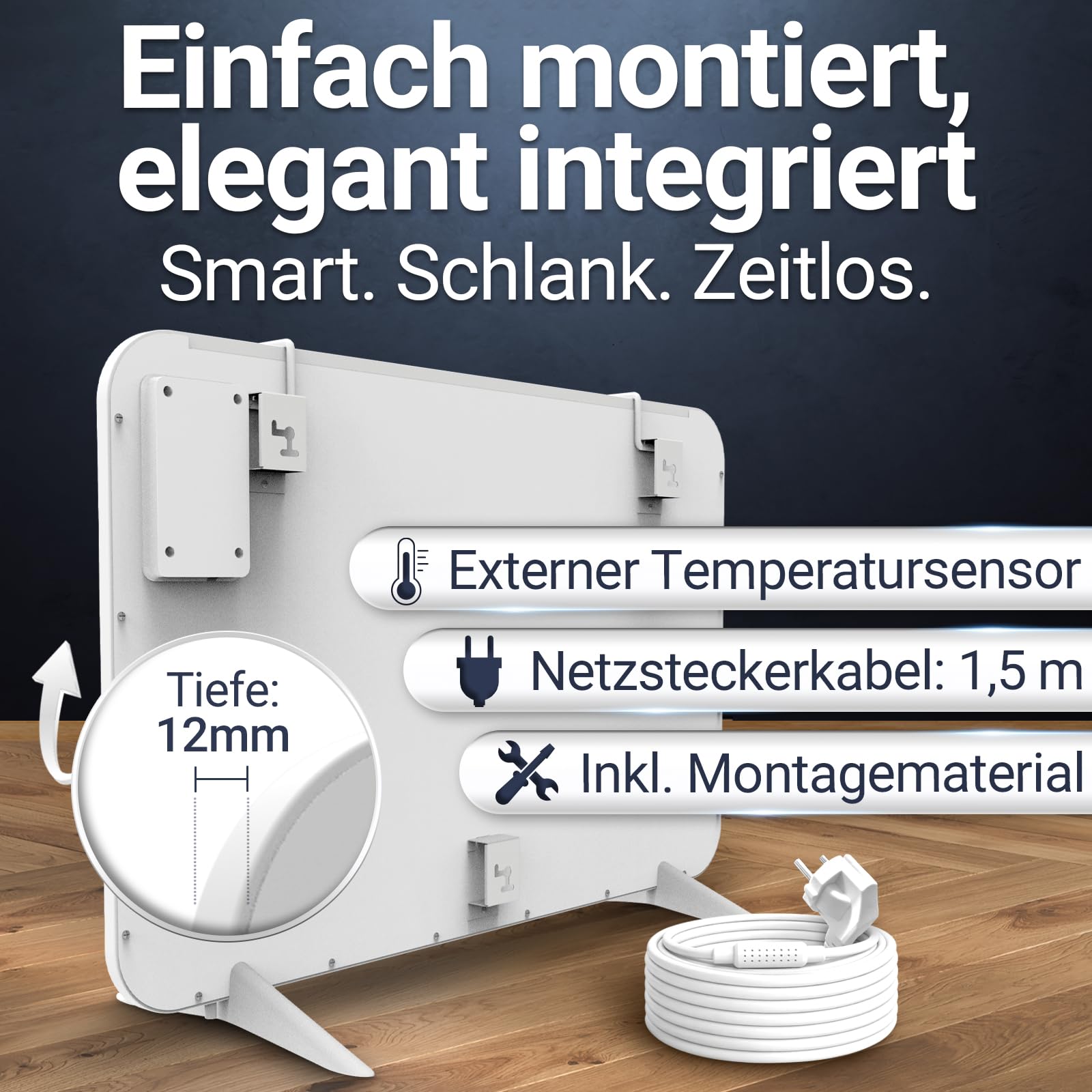 HEIMWERT Infrarot Wandheizung - Sofort Wohlfühlwärme - Senkt Heizkosten enorm - Luxusausstattung mit Thermostat + App - Langlebig, Geräuschlos - 2in1 Wandmontage und Standgerät (weiß - 450Watt)