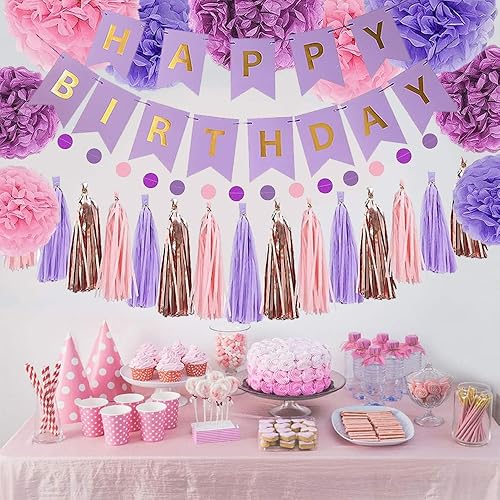 Miniatura 7 de Juego de decoraciones de fiesta de cumpleaños de oro rosa rosa con pancarta de feliz cumpleaños, pompones de papel de seda, guirnalda de puntos