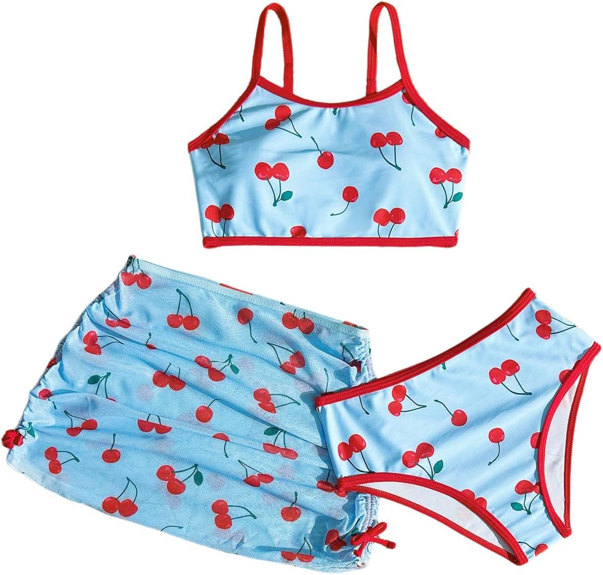 Floerns Girl's 3 Piece Thong Bikini Sets Cherry Spaghetti Strap Swimsuit with Beach Cover Up Skirt