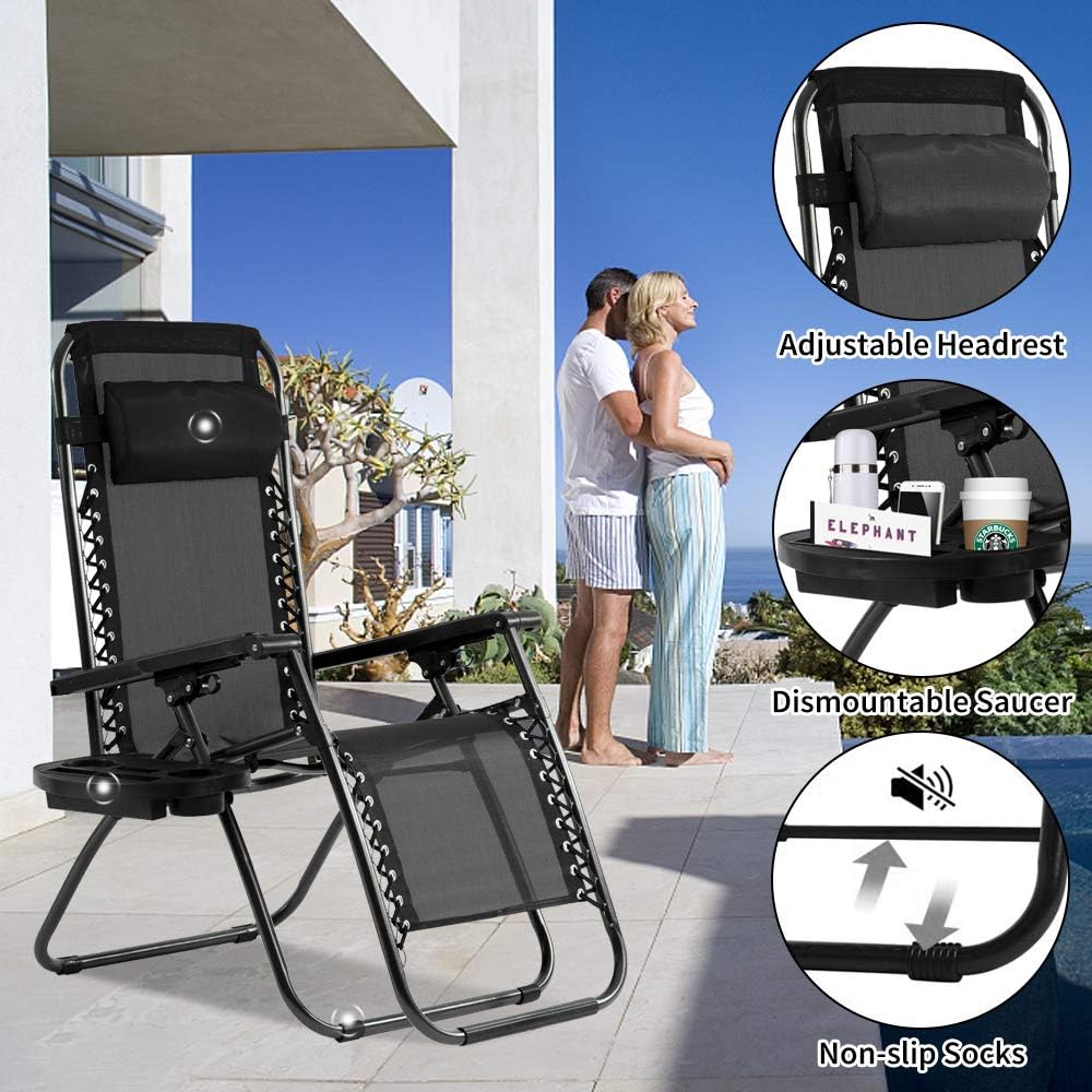 Zero Gravity Chair Patio Chair Lounge Chair Chaise 2 Pack Outdoor Folding Adjustable Recliner Chair with Cup Holder Tray and Pillows for Patio, Pool, Beach, Lawn, Deck, Yard - Black