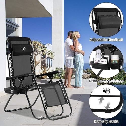 Miniatura 4 de Silla Zero Gravity para patio, tumbona, paquete de 2 sillas reclinables plegables ajustables para exteriores con bandeja portavasos, almohadas para