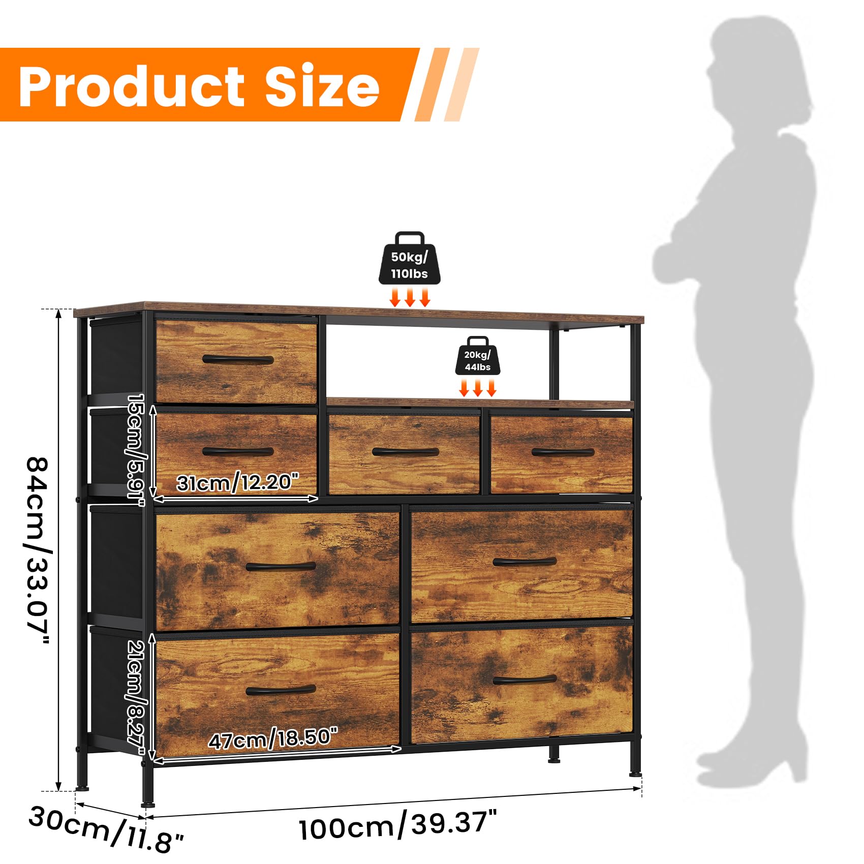 Cassettiera con 8 cassetti, cassettiera in tessuto con piano in legno, per camera da letto, soggiorno, marrone rustico