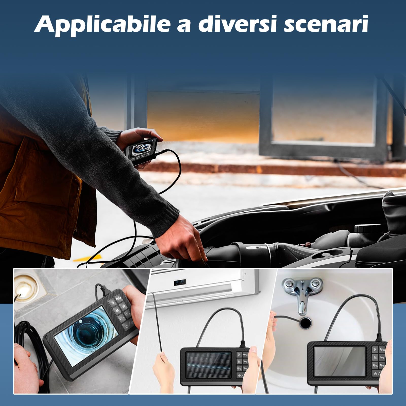 Telecamera endoscopio con doppio obiettivo e luce, fotocamera endoscopio HD 1080P con LCD da 4,3", cavo semirigido da 10 m e scheda da 64 GB, endoscopio di ispezione endoscopio impermeabile IP67 per