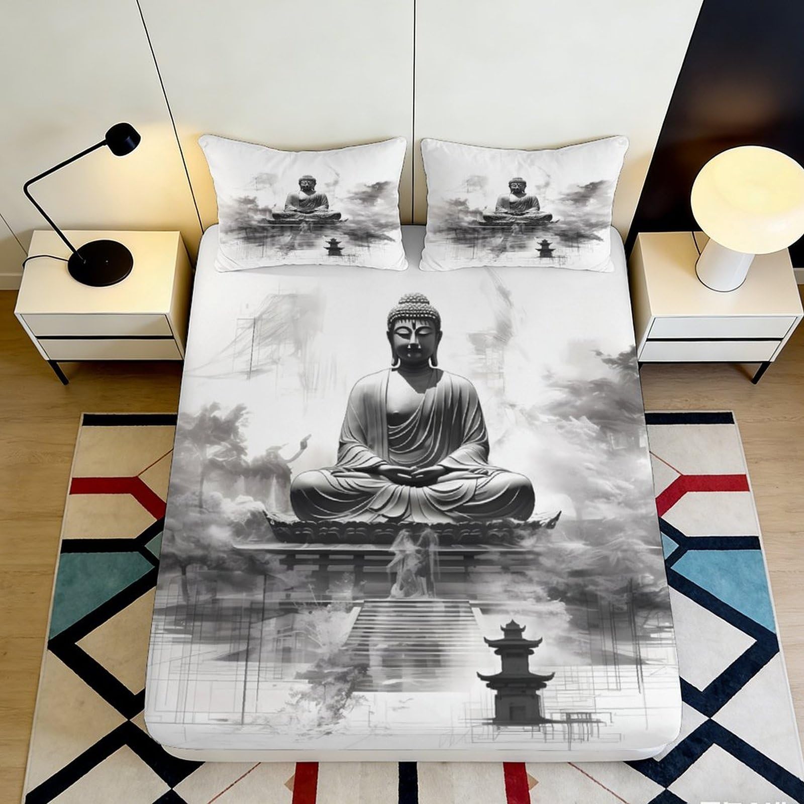 3D Printed Zen Buddha Fitted Sheet Microfiber Deep Pocket Bedroom Bedding Zen Mattress Fitted Cover Non-Slip Wrap Washable for Adults 120x200x25cm