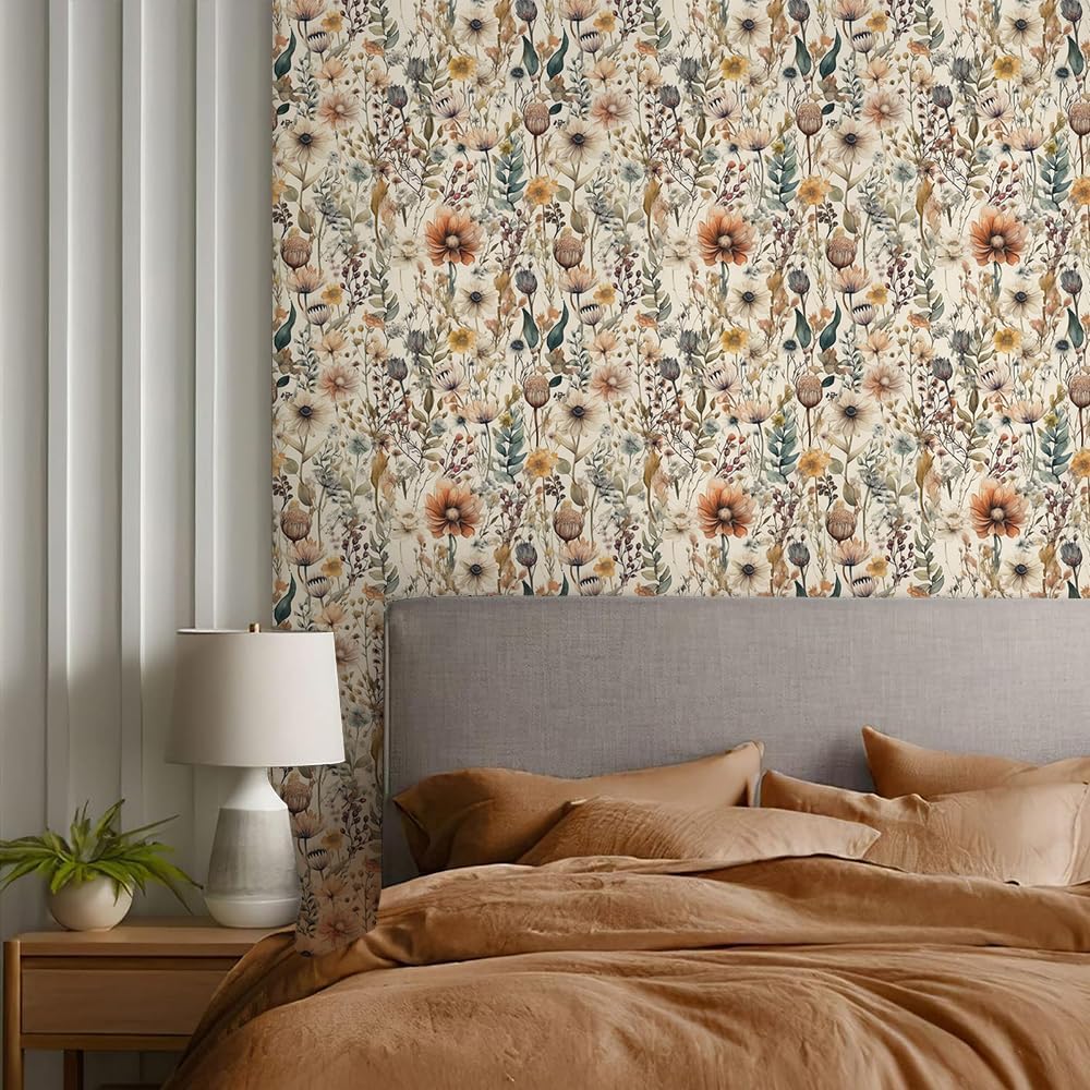 REDAMANCY Boho Brown Daisy Wildflower Peel and Stick Wallpaper Vintage Wall Paper Stick on Contact Paper Easy Peel Off for nightstand Drawer Renter Friendly 17.7"x236"
