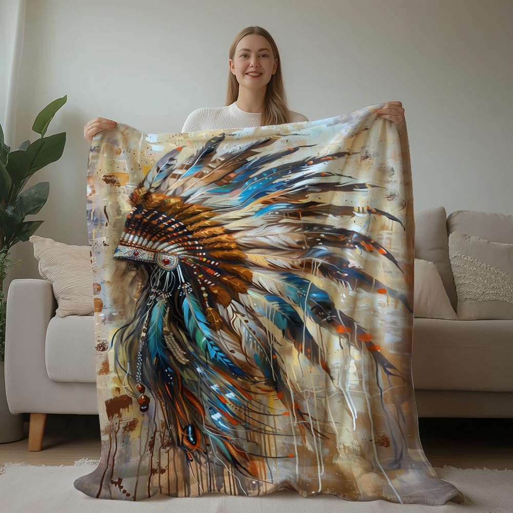 Native American Throw Blanket Indian Print Blanket Indian Feather Headdress Pattern Native American Bedding Warm Soft Flannel for Bed Sofa Couch (50 in x 60 in)