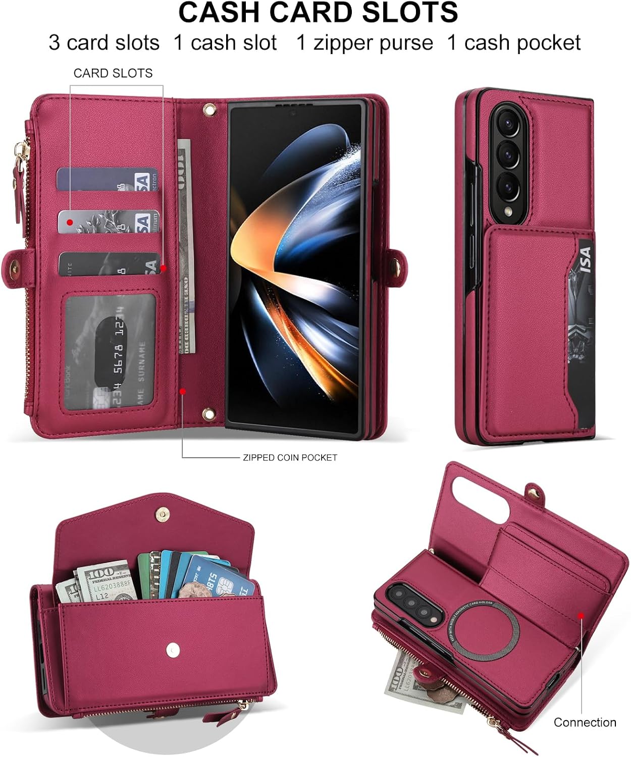 Asuwish Phone Case for Samsung Galaxy Z Fold 3 5G 2021 Wallet Cover Compatible with Magsafe RFID Crossbody Lanyard Strap Flip Card Holder Slot Zipper Cell Purse ZFold3 Z3 Fold3 ZFold 3Z Red