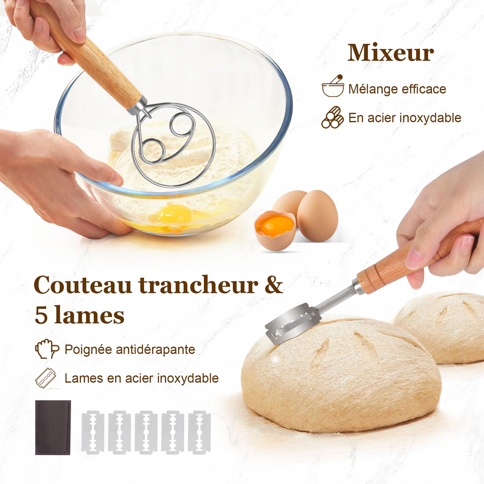 SHANNA Banneton Pour Pain, Kit Boulangerie Levain 15 Pièces, Corbeille a Pain en Rotin Naturel Rond et Ovale, Panier Fermentation Pain set Adapté aux DéButants et Professionnels (15PCS)