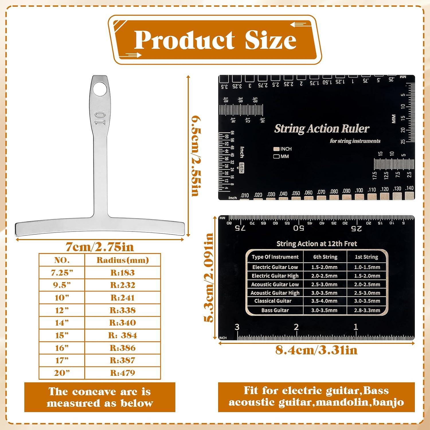 10 Pcs Luthier Tools, 9 Pcs Guitar Radius Gauge 1 String Action Gauge Ruler Measuring Setup Tool Kit for Guitars Bass Black+Silver
