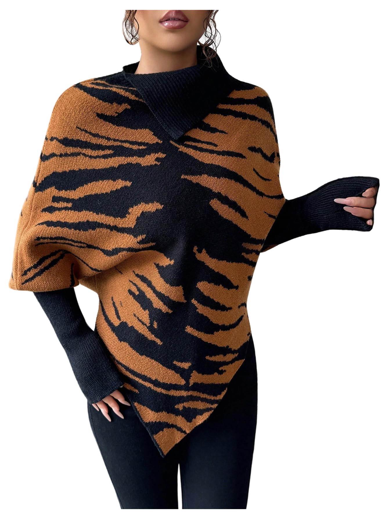 Floerns Womens Tiger Striped Poncho Tops Mock Neck Long Sleeve Cozy Sweaters Fall Pullovers
