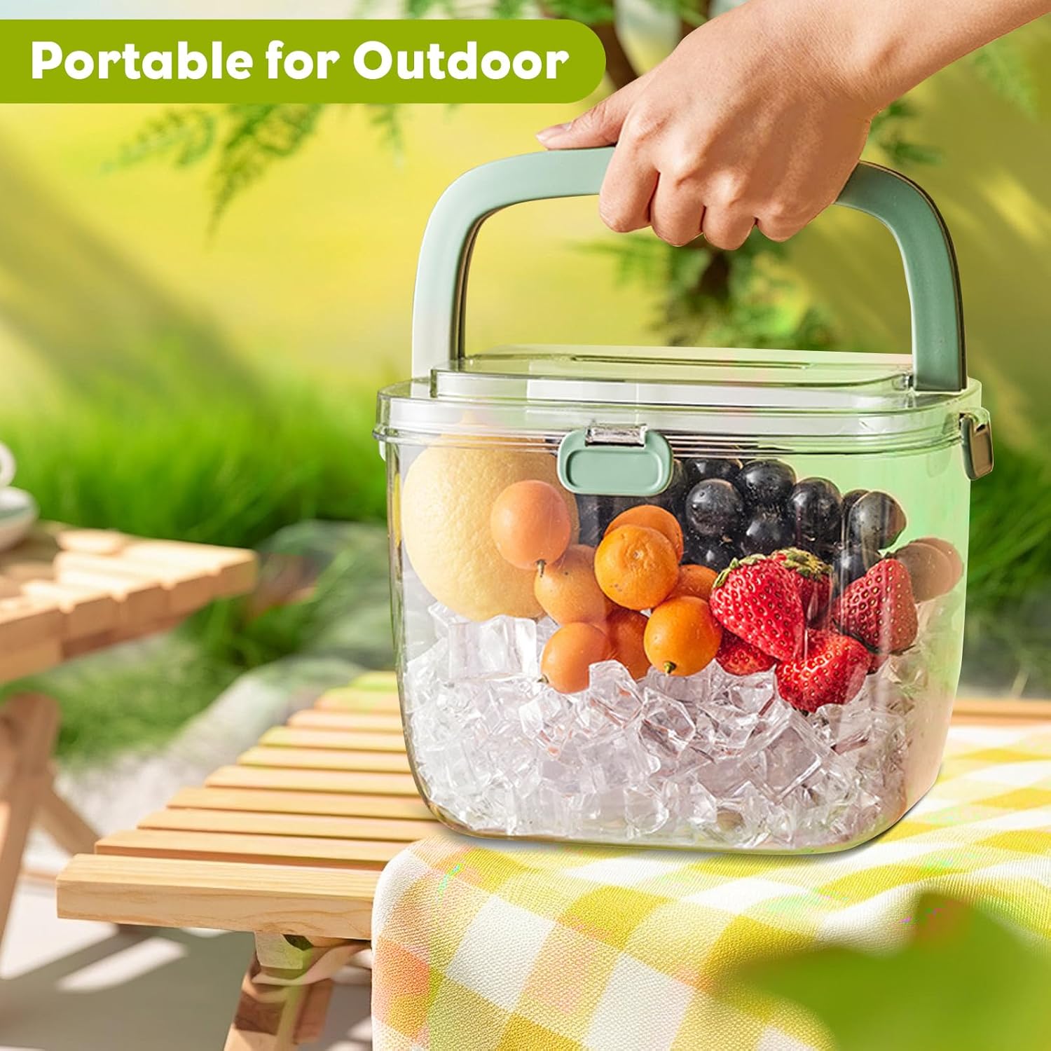 6.7L Portable Ice Bucket with Sealed Lid & Ice Tong, Ice Cube Storage Bin for Outdoor Camping, PP Clear Refrigerator Containers for Home Beverage Cooler for Whiskey Wine Beers Party