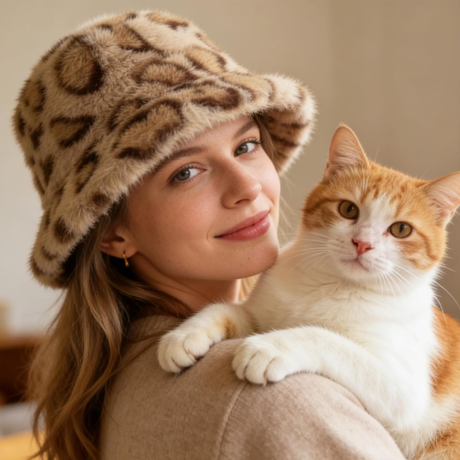 Faux Fur Fuzzy Winter Hats for Women, Warm Furry Brown Leopard Cheetah Bucket Hats for Men Women, Soft Cozy Winter Hat - Image 2