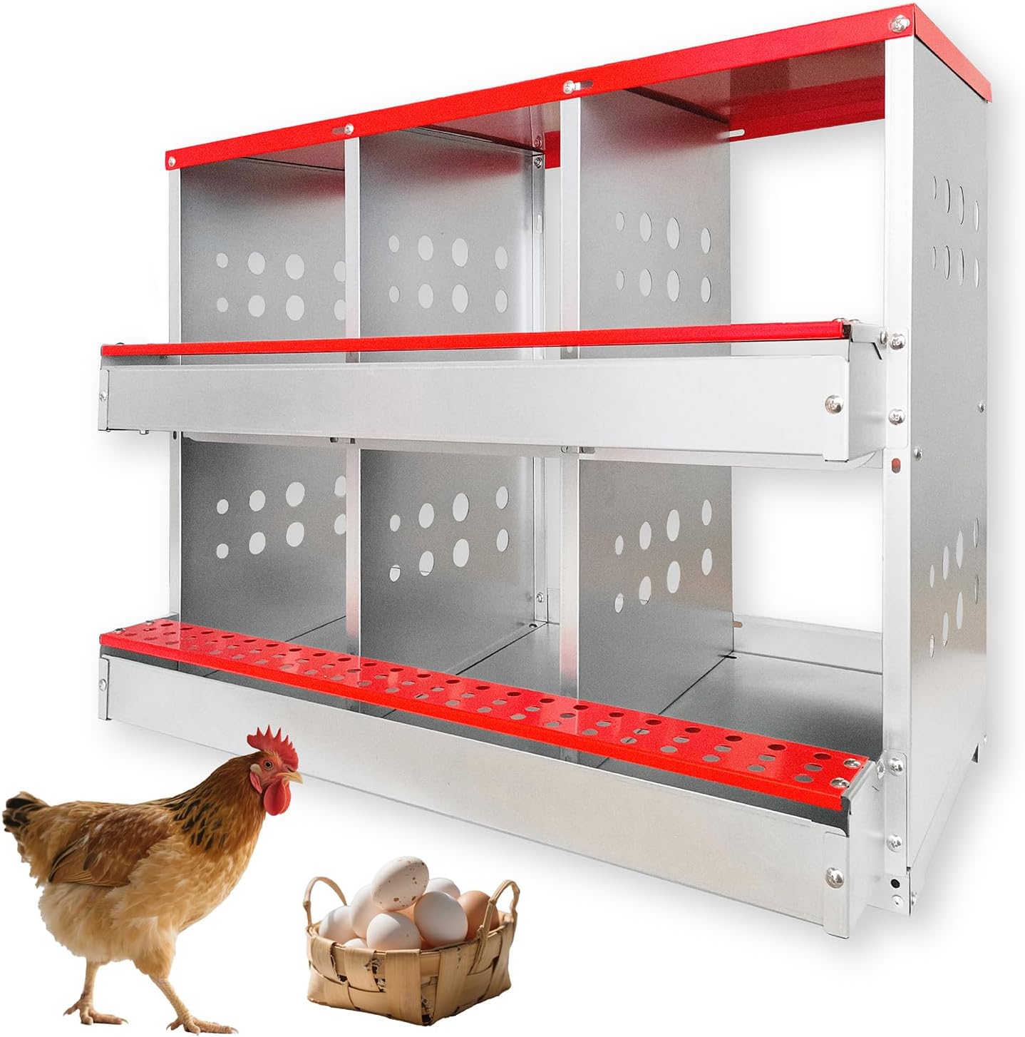6 Compartment Metal Chicken Nesting Box, Wall Mount or Free Standing, with Perch & Secure Lid, for Chcken, Hens Ducks, Large Egg Laying Boxes (32.6L*16.9W*24.4)