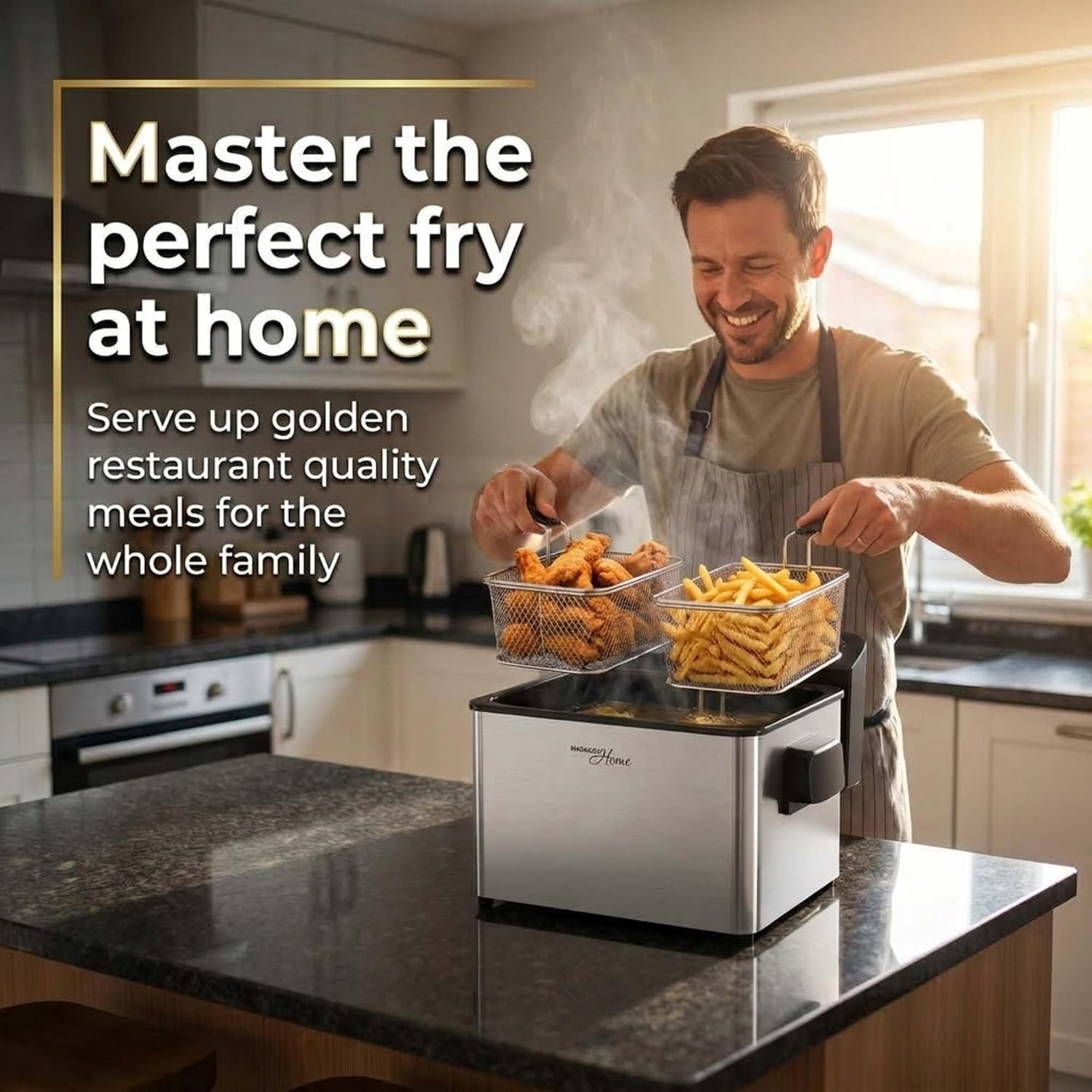 MAGNAVOX HOME 4.7 QT Stainless Steel Deep Fryer with 3 Frying Baskets, Viewing Window Lid, Adjustable Temperature and Timer, Removable Oil Pot, 1800W Electric Deep Fryer