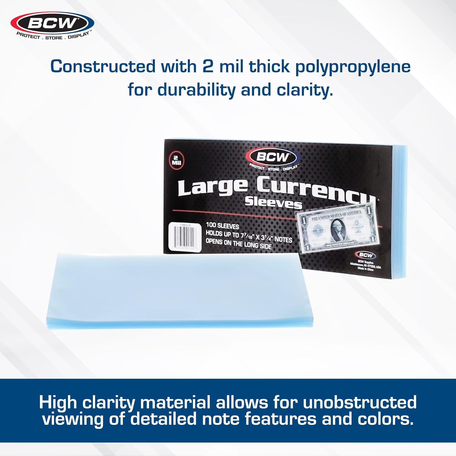 BCW Large Bill Currency Sleeve - 200 ct | Acid-Free, Archival Safe Polypropylene Sleeves for Collectible Currency | Clear Money Protectors for Storage and Display | Large US Currency Holders