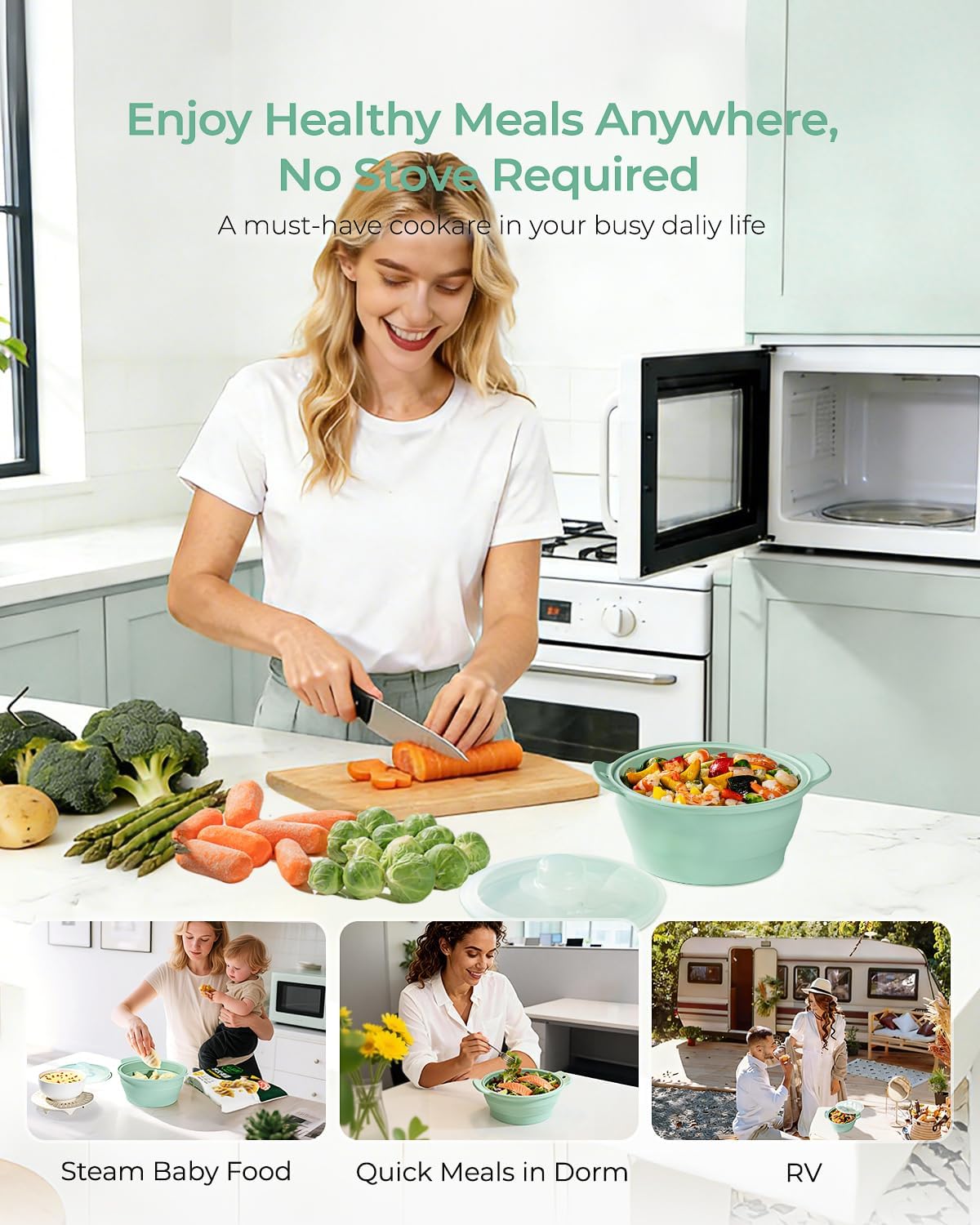 Collapsible Silicone Microwave Vegetable Steamer with Removable Steam Rack, AODISTUCE 42oz BPA-Free Silicone Steamer for Cooking Fresh & Frozen Vegetables Dumplings Buns Prep Meal, Dishwasher Safe