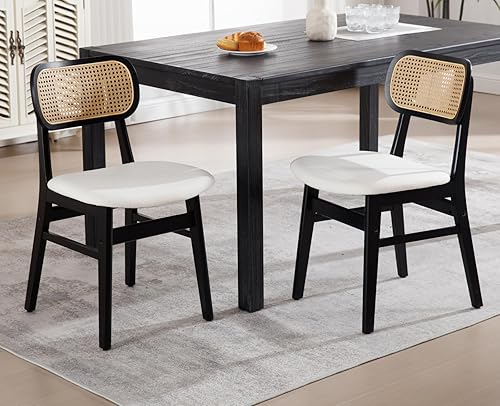 Vista 40 de EALSON Juego de 2 sillas de comedor de ratán, tapizadas de cuero, sillas de cocina de madera modernas de mediados de siglo, sillas laterales sin