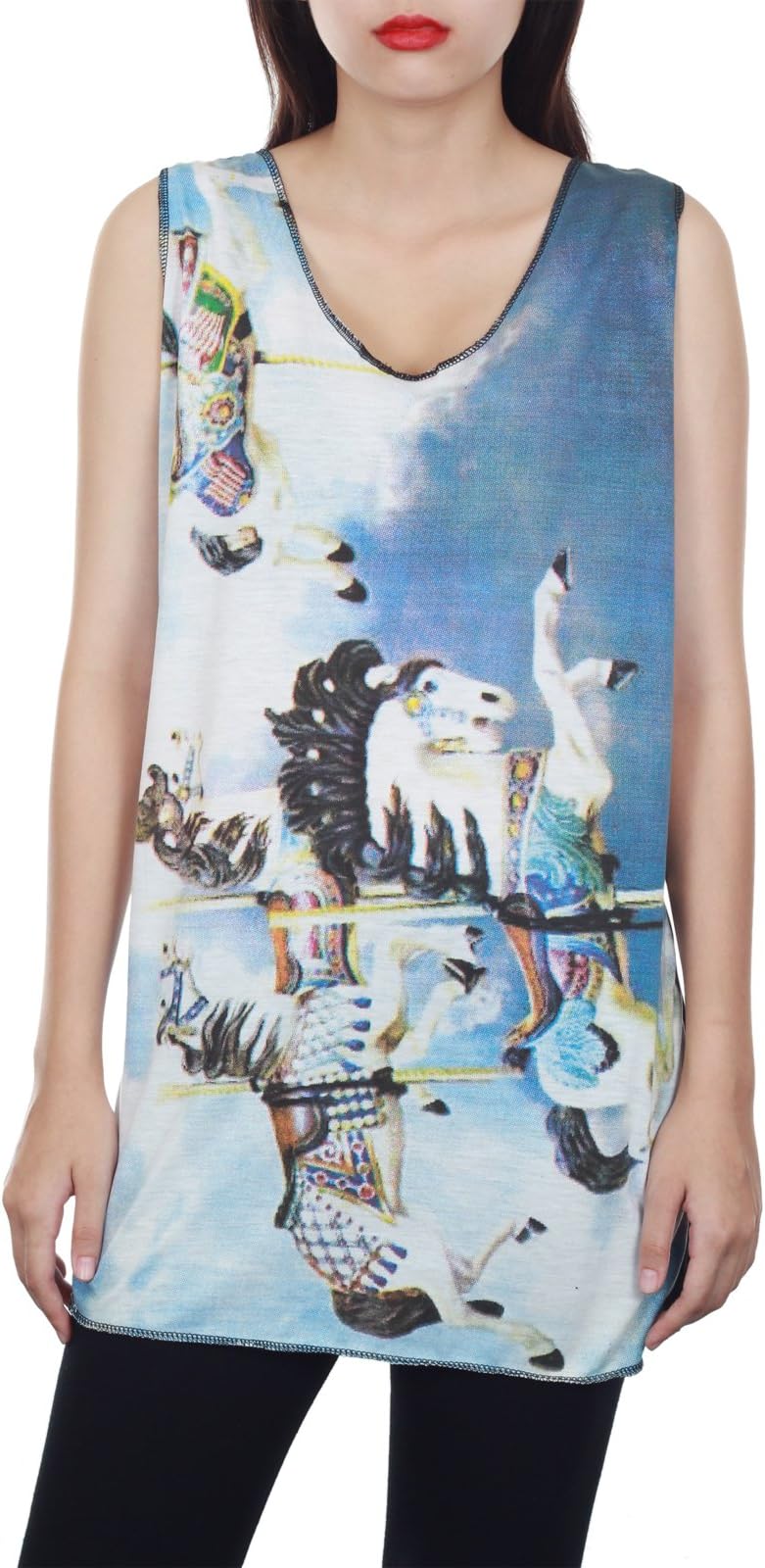 Monomania Women's Carousel Horse Vintage Screen Print Top Black S