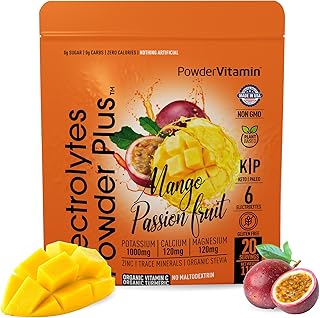 PowderVitamin Electrolytes Powder Plus (20 Servings) Mango Passionfruit Electrolyte Powder Zero Calorie Keto,0 Sugar,No Maltodextrin,1000mg Potassium,120mg Calcium,120mg Magnesium, Pink Himalayan Salt