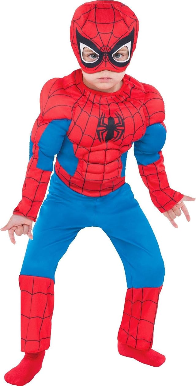 Party City Classic Spider-Man Muscle Halloween Costume for Toddler Boys Marvel Comics 3-4T Includes Jumpsuit and Mask