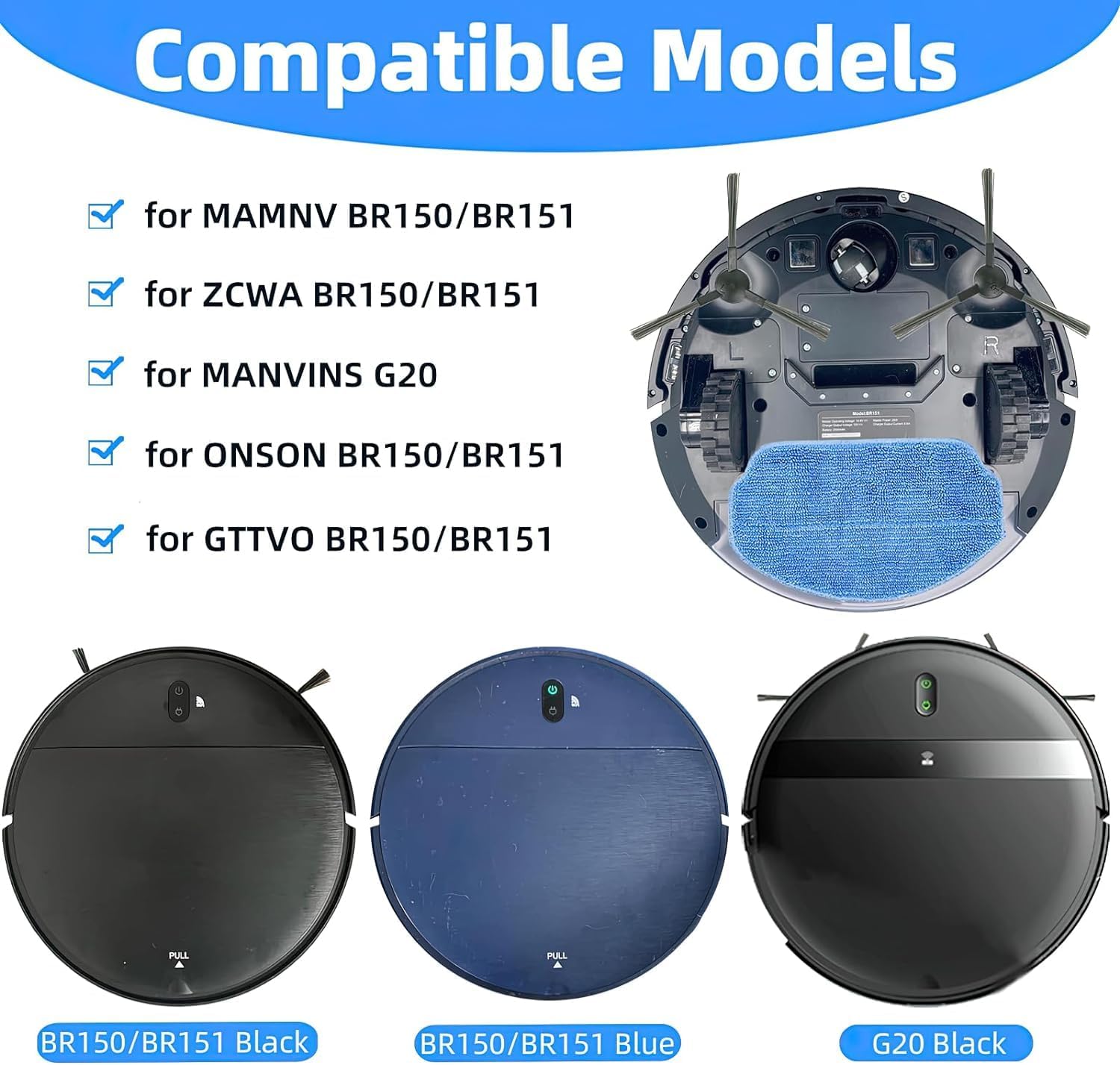 24Pack Mop Cloth Accesosries Replacement Parts for MAMNV BR150/BR151, for ZCWA BR150/BR151, for MANVINS G20, for ONSON BR150/BR151, for GTTVO BR150/BR151 Robot Vacuum Cleaner, Blue