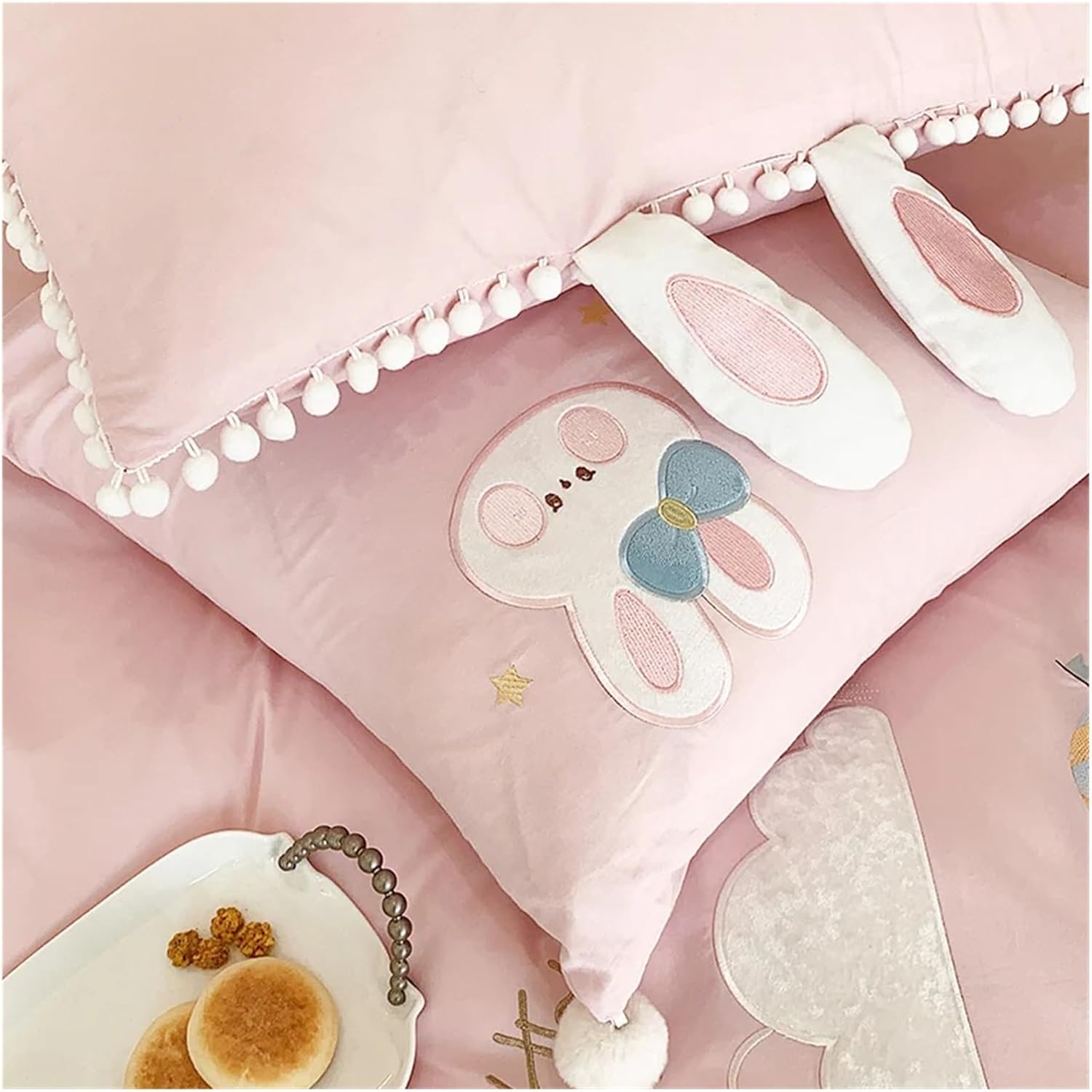 Bed Sheets Set, Pink Cute Cartoon Rabbit Moon Embroidery 100% Cotton Girls Bedding Set White Ball Edge Duvet Cover Set Bed Sheet Pillowcases(Fitted Sheet,Single 150X200 3pcs)