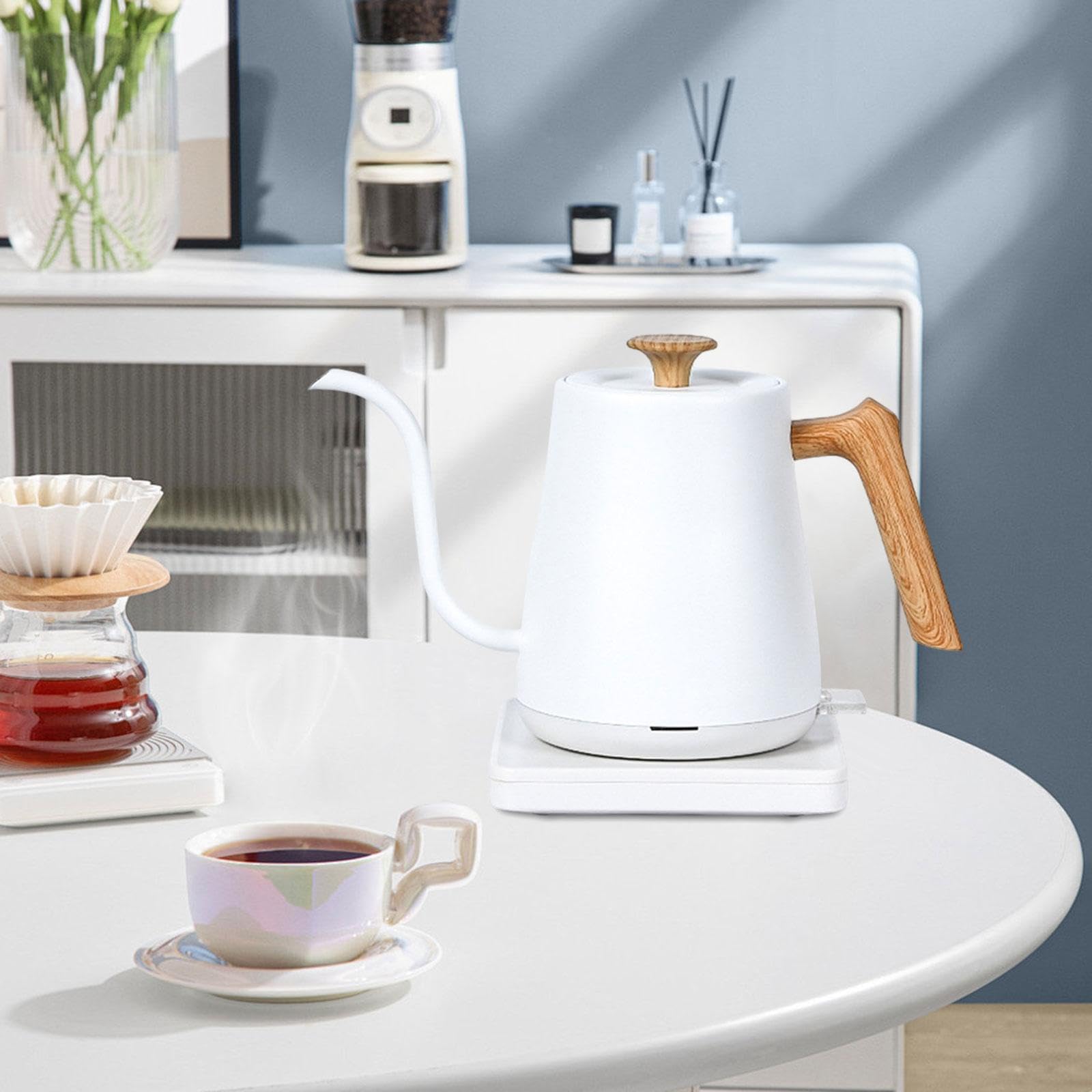 Hervidor Eléctrico de Acero Inoxidable con Largo Tetera de Cuello de para Infusiones y Café Hervidor de Agua con Apagado Automático y, Grano de Madera Blanco, Individual