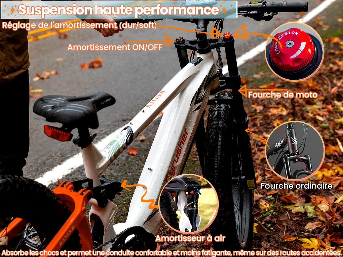 Vélo Électrique en Aluminium Ranger 26Pouces, 250W 25 km/h 52V 20Ah 1040Wh 128 km, Amortisseur à air, Freins à Disque Hydrauliques