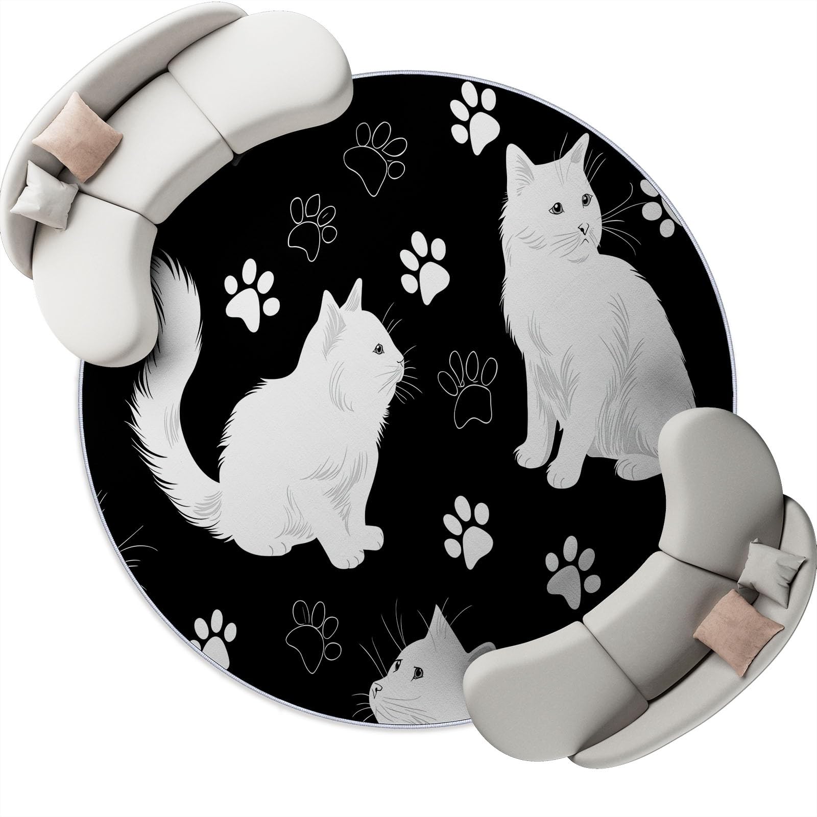 Schwarzweiß Runder Teppiche Wohnzimmer 100 cm, Waschbar & Rutschfester Kurzflor Teppich Schlafzimme, Minimalistisch Pfotenabdruck Niedlich Tiere Katze Teppich Rund für Kinderzimmer, Esszimmer, Büro