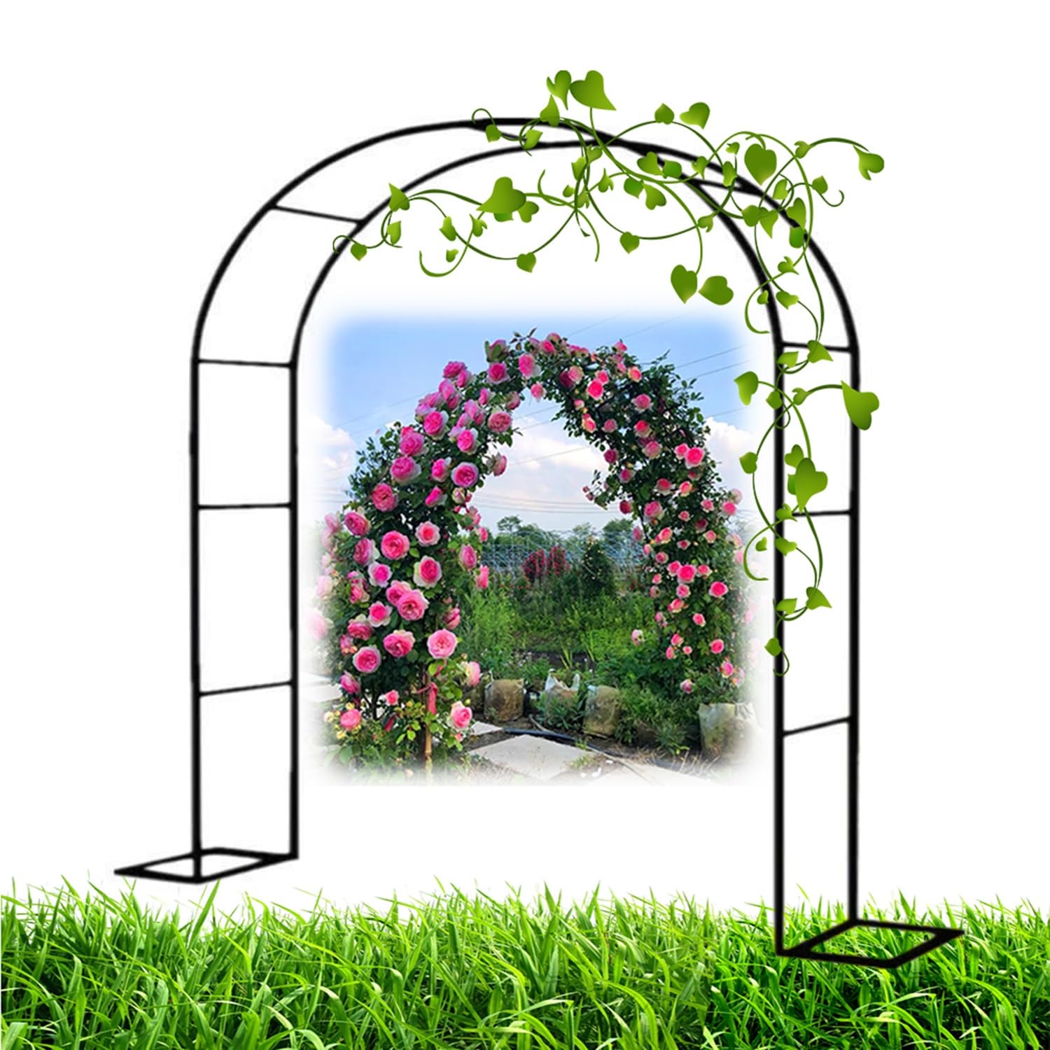 Arco de jardín metálico negro con soportes laterales en tres medidas distintas