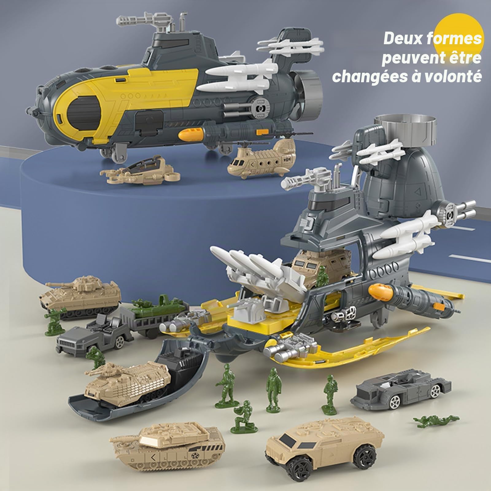 Modèle de sous-Marin Militaire,Jouet Militaire Marine,Contient 18 Types de Transport avec Panneaux de Signalisation et Tapis de Jeu,Jouet Avion,Ensemble de Jouets Porte-Avions pour Enfants 3+
