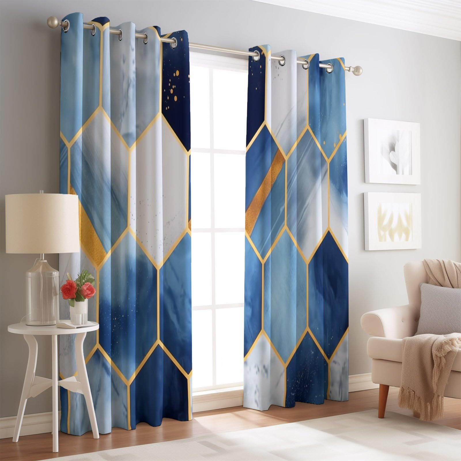 Décoration Géométrie Abstraite Hexagones, Rideaux Longs 140L X 260H cm (2 Panneaux), Tissu Occultant Thermique pour Baie Vitrée, Bleu