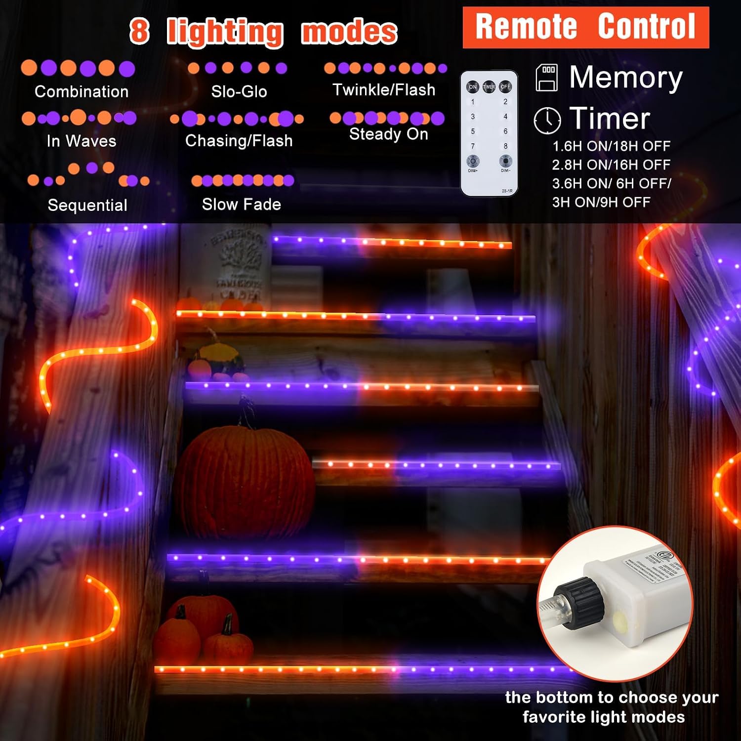 Halloween Rope Lights Outdoor, 50Ft 600 LED Orange and Purple String Lights, Waterproof Tube Lights Plug in 8 Modes Rope Light Decorations for Tree Garden Fence Yard Landscape Halloween Party