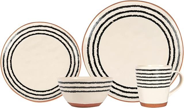 Nicola Spring 16pc Monochrome Stripe Rim Stoneware Dinner Set - Rustic Ceramic Porcelain Kitchen Dining Dessert Service Dinnerware Crockery