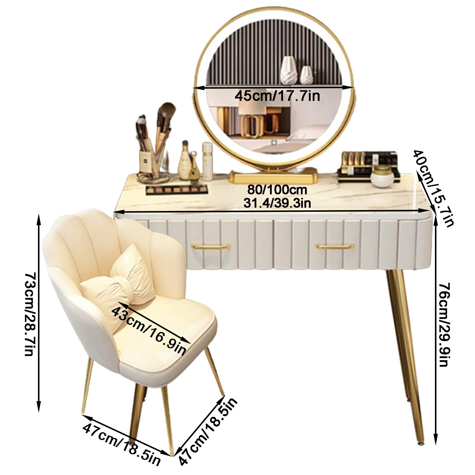 Mesa de tocador de maquillaje con espejo giratorio de 80 cm, para niños y mujeres, para niñas, elegante y funcional estación de belleza