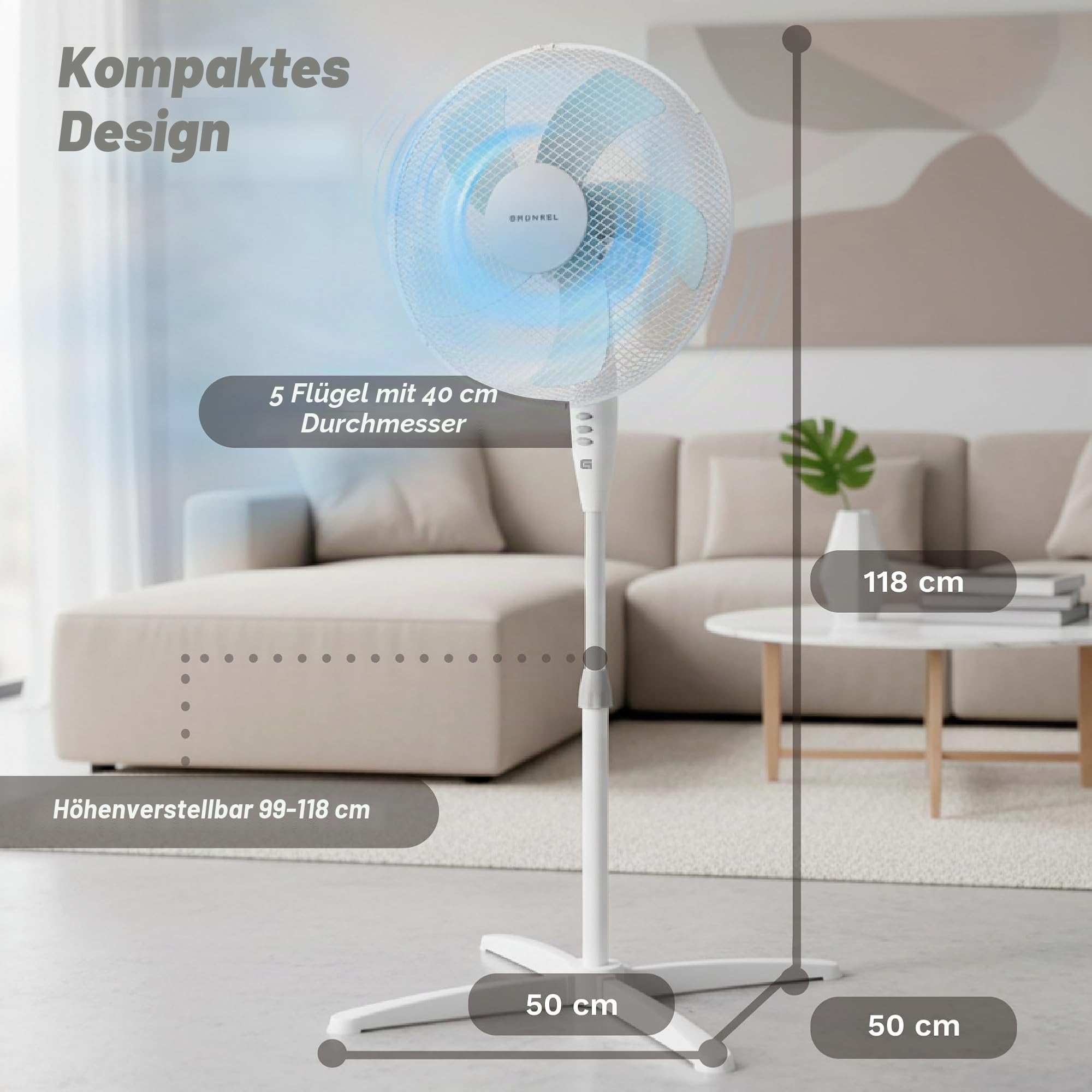 Grunkel - 16" Standventilator mit 3 Geschwindigkeitsstufen und Höhenverstellung - FAN-G165X - Blattfuß mit 62 cm Durchmesser und 3 halbtransparenten Flügeln - 50 W - Weiß
